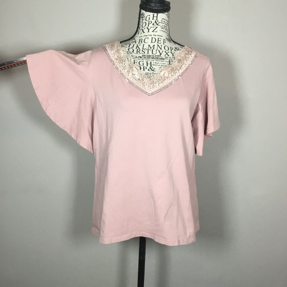 Pink cotton wide sleeve top v neck silver rhinestone lace fairycore feminine M